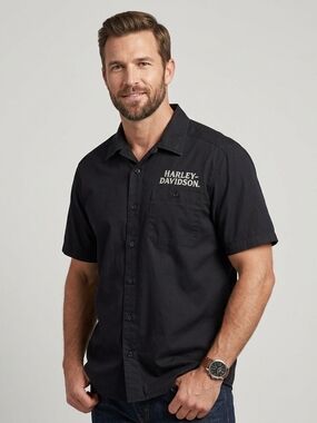 Harley-Davidson Black Short Sleeve Button-Up Logo Work Shirt Size L
